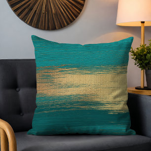 Almofada Chic Modern Teal Dourado Abstrato Brushstrokes