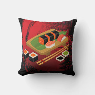 Almofada Chic Moderno Elegante Sushi Preto e Vermelho