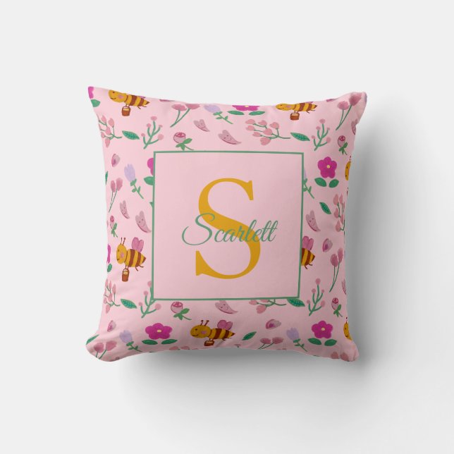 Almofada Chic Pink Bee e Nome e Monograma de Design Floral (Frente)
