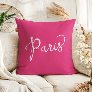 Almofada Chic Rosa Quente e Branco Tipografia Paris
