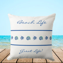 Chic White Blue Strips Sea Life Beach House