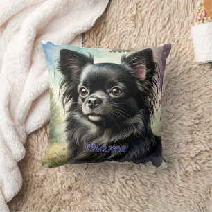 Almofada Chihuahua Preto de Cabelo Comprido em Aquarela
