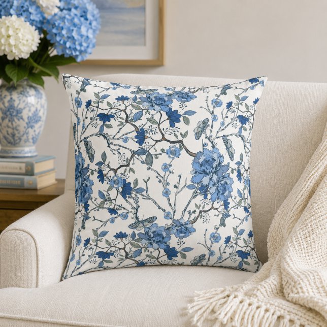 Almofada Chinoiserie Azul Floral Botânico Vintage (Criador carregado)