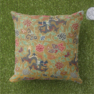 Almofada Chinoiserie Dragão Dourado e Impressão de Peônia R
