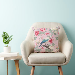 Almofada Chinoiserie Egret Floral Rosa Rosa