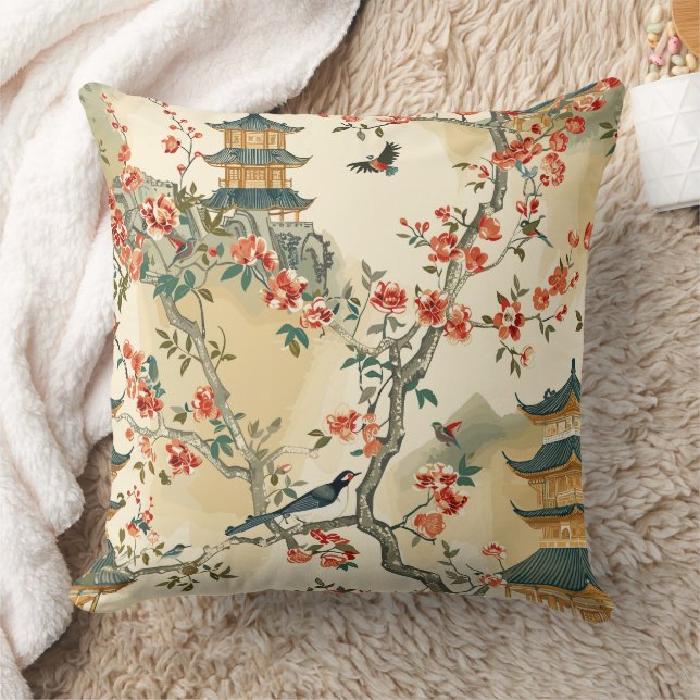 Almofada Chinoiserie Elegante - Pagodes, Flores e Aves (Cobertor)