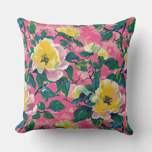 Almofada Chinoiserie Floral, Impressionista Rosa e Amarelo (Frente)