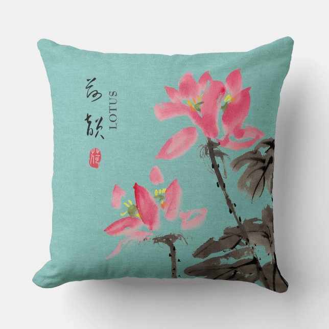 Almofada Chinoiserie Freehand Watercolor Lotus Flor Verde (Frente)