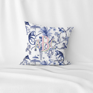 Almofada Chinoiserie Jungle Toile Monograma Azul e Branco