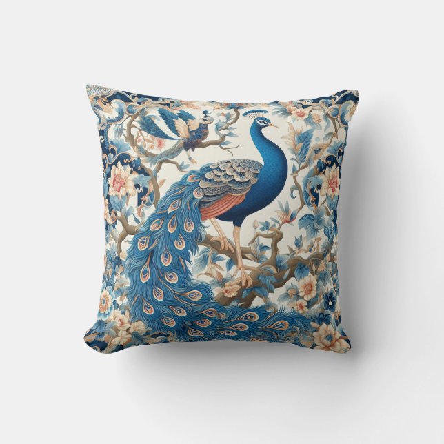 Almofada Chinoiserie Peacock Azul e Branco (Frente)