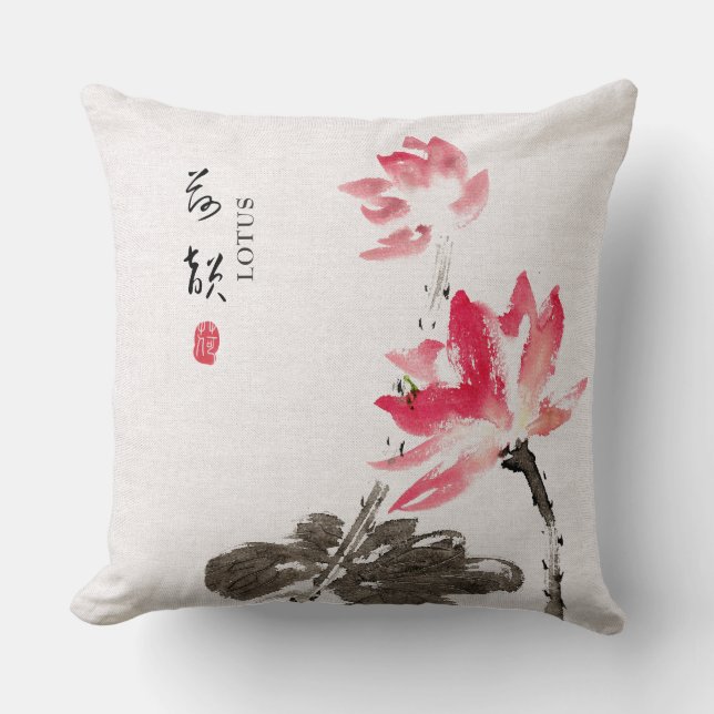 Almofada Chinoiserie Solta Aquarela Flores de Lotus (Frente)