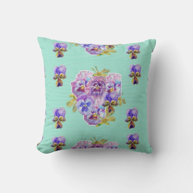 Almofada Chique Aqua Stripe Floral Flores Cushion (Frente)