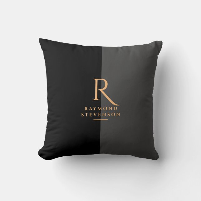 Almofada Chique Elegante Moderno Preto Dourado Monogramado (Frente)