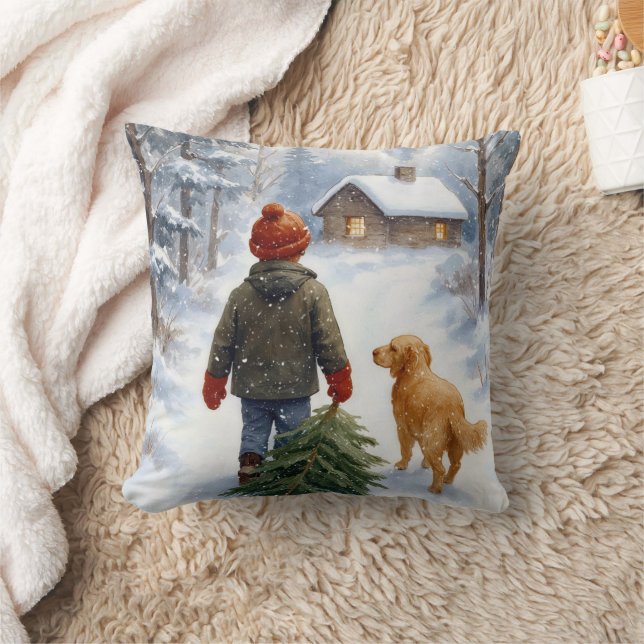Almofada Christmas Boy In Snowflakes With Pine Tree and Dog (Cobertor)