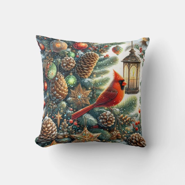 Almofada Christmas Cardinal with Pinecones and Lanterns (Frente)