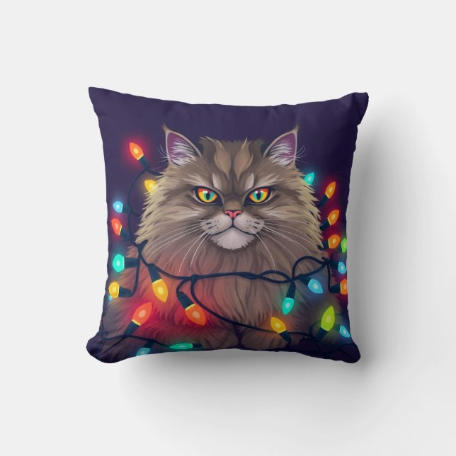 Almofada Christmas Cat Wrapped in Colorful Lights (Frente)
