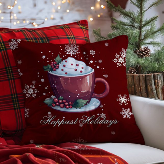 Almofada Christmas Cup of Hot Chocolate | Red (Red Christmas Cup of Hot Chocolate Throw Pillow)