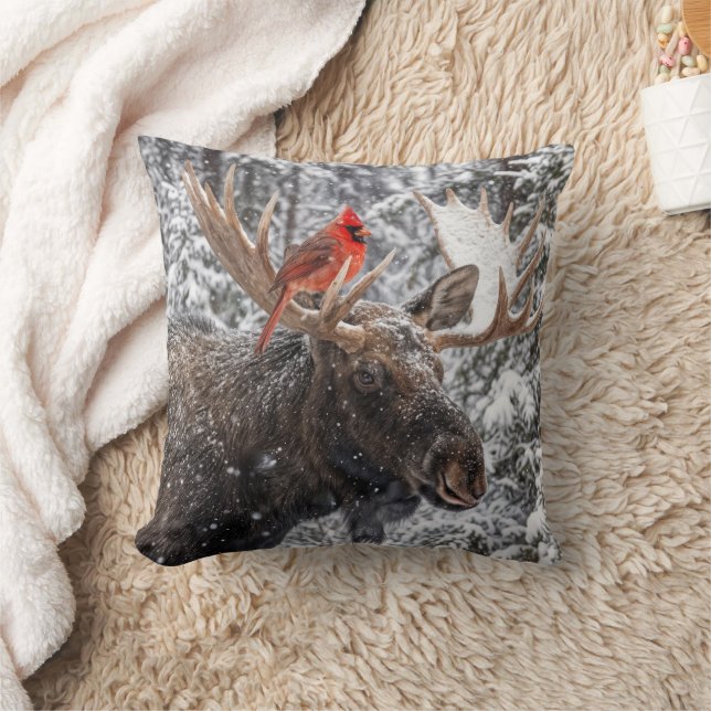 Almofada Christmas Red Cardinal On Snowy Moose Antlers (Cobertor)