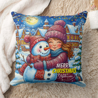 Almofada Christmas Snowman And A Girl Throw Pillow