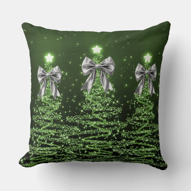 Almofada Christmas Sparkling Trees Green Faux Silver Bow  (Frente)