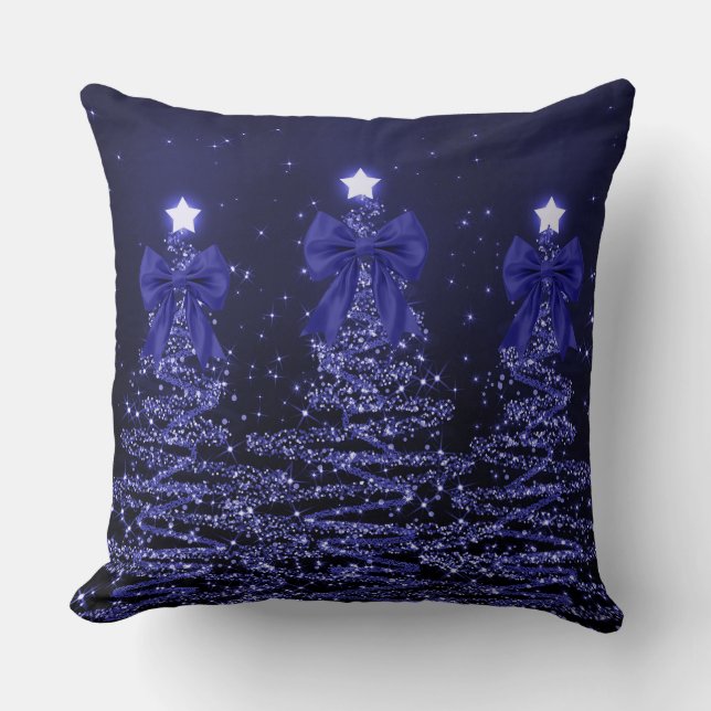 Almofada Christmas Sparkling Trees Navy Blue Faux Bow  (Frente)