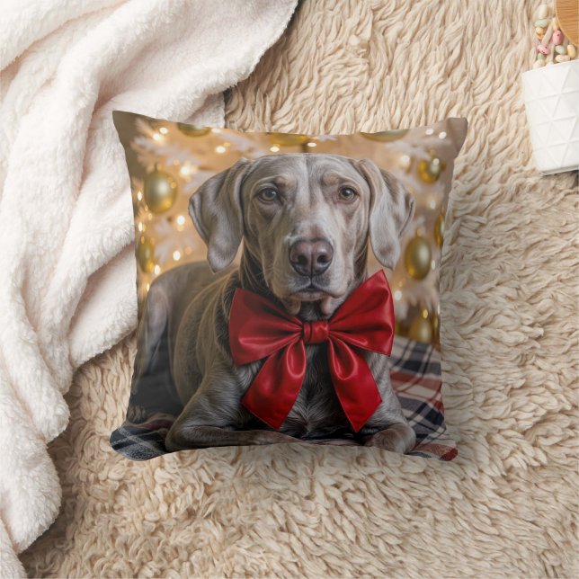 Almofada Christmas Weimaraner Dog With Red Bow (Cobertor)