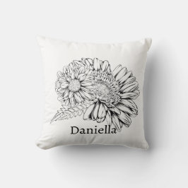 Almofada Chrysanthemum Black Line Drawing with Your Name 