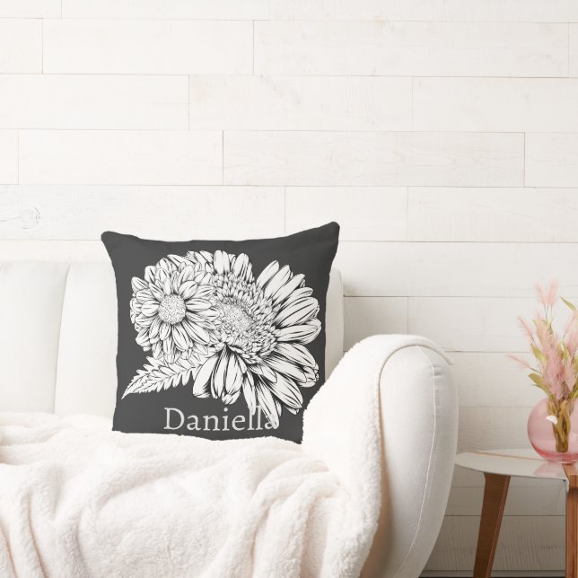 Almofada Chrysanthemum Black Line Drawing with Your Name  (Sofá)