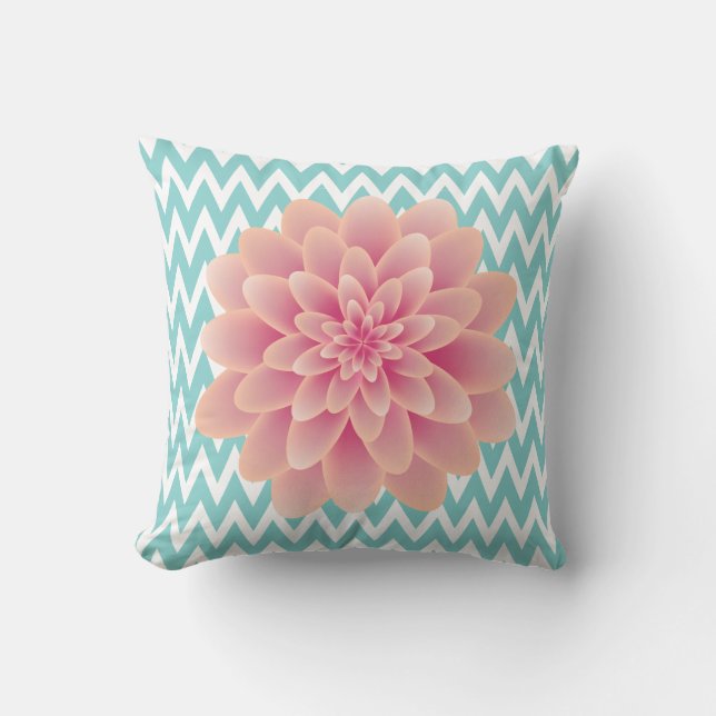 Almofada Chrysanthemum Rosa Grande e Turquoise Chevron (Frente)