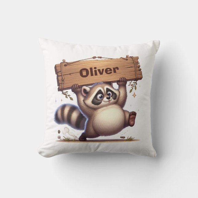 Almofada Chubby Raccoon com Placa de Nome de Madeira (Frente)