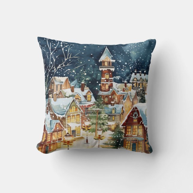 Almofada Cidade ilustrativa de Natal na neve (Frente)