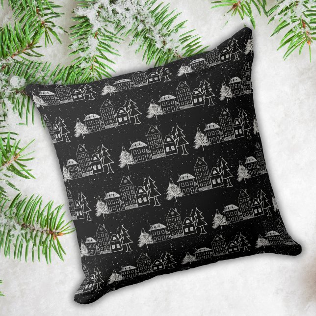 Almofada Cidade Neve do Giz Negro e Branco (Criador carregado)