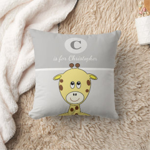 Almofada Cinza amarela com um nome de bebê girafa girante
