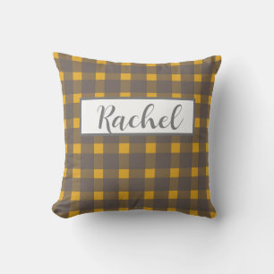 Almofada Cinza Amarela Gingham Personalizada
