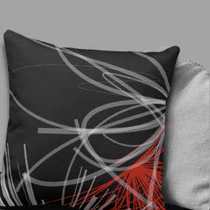 Almofada Cinza Branca Preta e Design Abstrato Vermelho