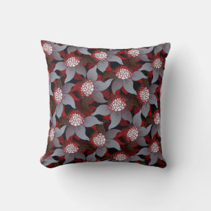 Almofada Cinza Branca Preta e Padrão Floral Vermelho