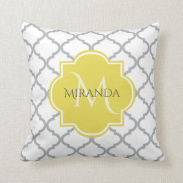 Almofada Cinza Branca Quatrefoil Amarelo Nome Monograma