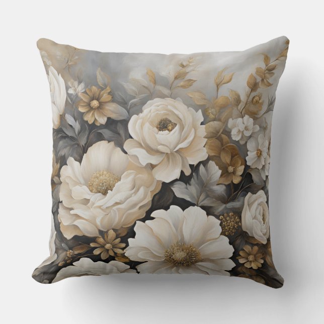 Almofada Cinza Carvão Dourado Creme Floral (Frente)