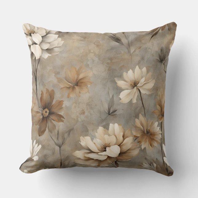 Almofada Cinza Castanho Neutro Beige Earthy Floral (Frente)