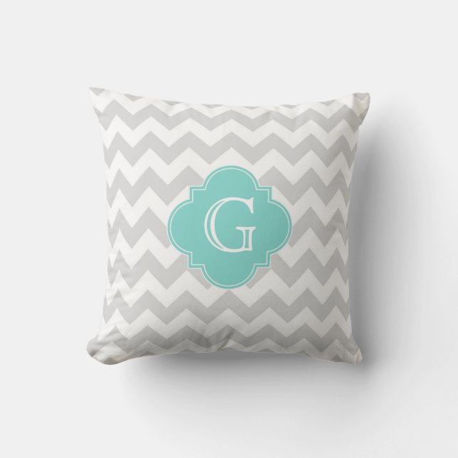 Almofada Cinza Claro Branco Chevron Aqua Quatrefoil Monogra (Frente)