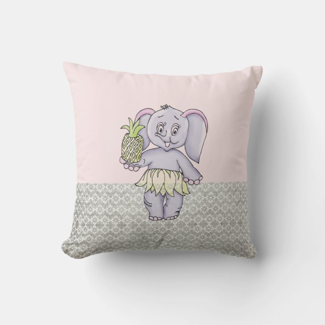 Almofada Cinza de Elefante Rosa Menina Moderna Bebê para Cr (Frente)