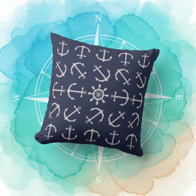 Almofada Cinza de prata elegante em sofá Impressão de âncor (Stylish nautical throw pillow! ⚓)