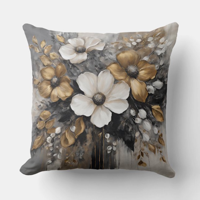 Almofada Cinza Dourado Preto Branco Flores (Frente)