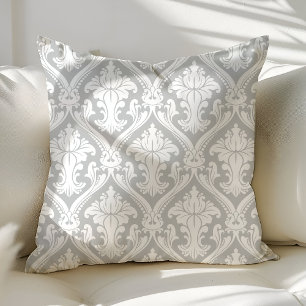 Almofada Cinza e Branco Padrão Damask Moderno Chique e Eleg
