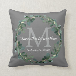 Almofada Cinza Eucalyptus Monograma Wreath Weding Keepsael