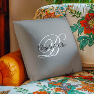 Almofada Cinza Monograma de Script de Rico Preto e Branco