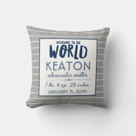 Almofada Cinza Nursery Baby Boy Stats Typografia