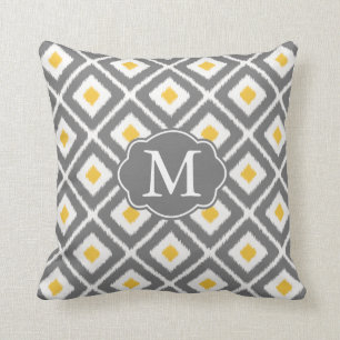 Almofada Cinza, Padrão de Diamante de Ikat Amarelo e Branc