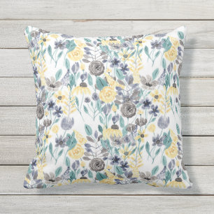 Almofada Cinza Pastel Yellow Floral Watercolor Padrão Outdo