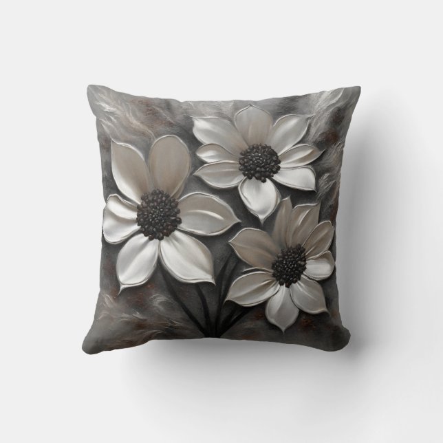Almofada Cinza Prateado Preto Floral Moderno (Verso)